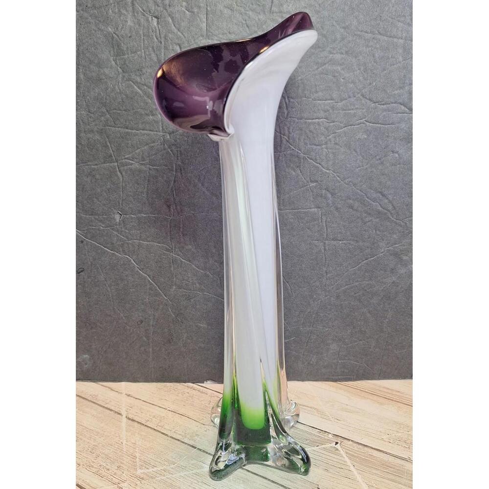 Purple/Green/White Hand Blown Glass Vase Lilly Flower 11.75" H
